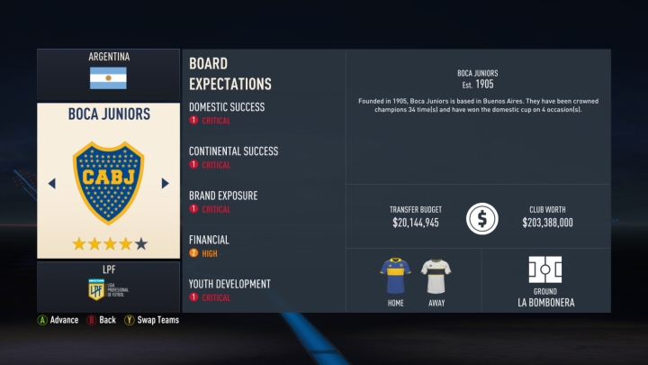Uno screenshot di FIFA 23 che mostra la bacheca informativa del Boca Juniors.