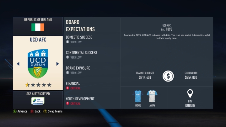 Uno screenshot di FIFA 23 che mostra la bacheca informativa dell'UCD AFC