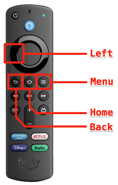 Un telecomando Alexa di Amazon Fire TV, con i pulsanti importanti etichettati.