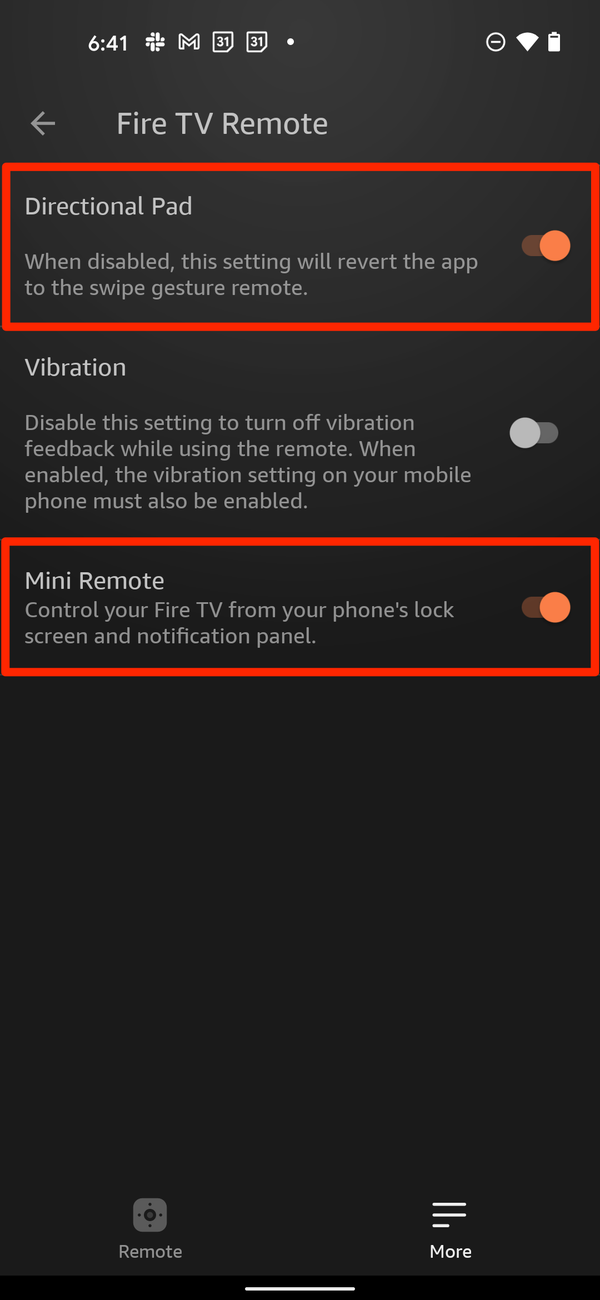 La schermata delle impostazioni "Fire TV Remote" nell'app Fire TV. Le opzioni "Pad direzionale" e "Mini telecomando" sono evidenziate.