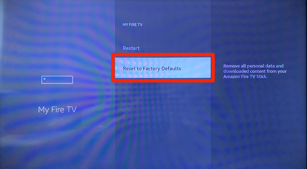 Il menu My Fire TV su Amazon Firestick, con l'opzione "Ripristina impostazioni di fabbrica" ​​evidenziata.