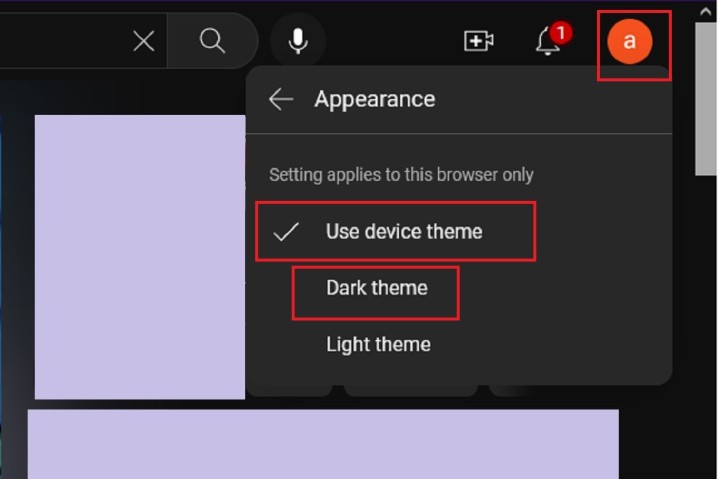 Abilitazione del tema scuro tramite il sito Web di YouTube.
