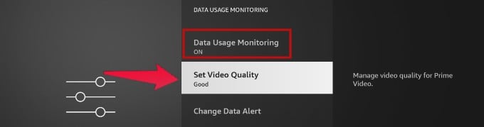 Menu di monitoraggio dell'utilizzo dei dati di Amazon Fire TV