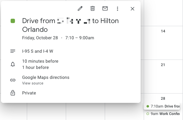 Evento relativo al tempo di viaggio aggiunto a Google Calendar
