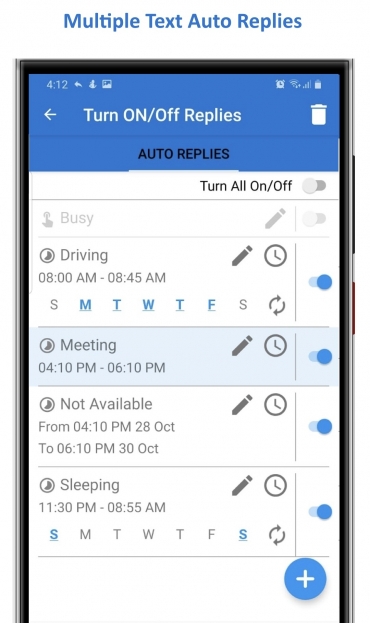 Opzioni di risposta automatica sull'app SMS Auto Reply.