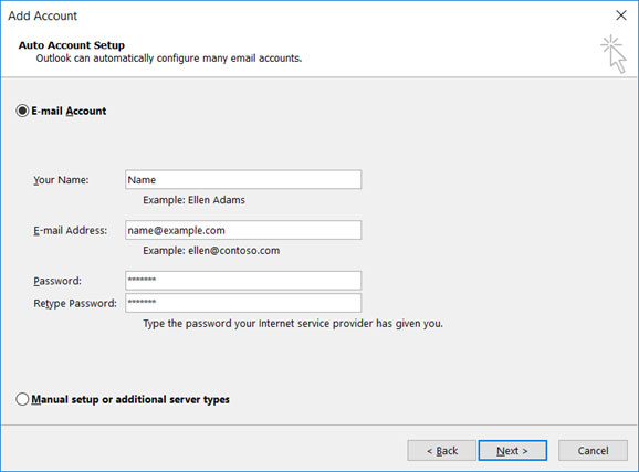 Configura l'account di posta elettronica EMAIL.IT sul tuo Outlook 2010 Passaggio 2