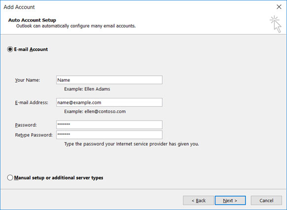 Configura l'account di posta elettronica EMAIL.IT sul tuo Outlook 2016 Passaggio 2