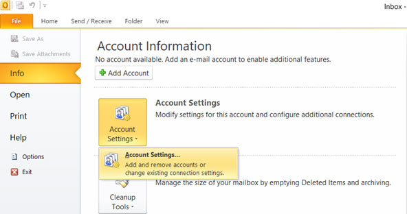 Configura l'account e-mail LIBERO.IT sul tuo Outlook 2010 Manuale Passaggio 1