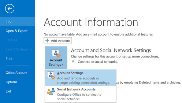 Imposta l'account e-mail ALICE.IT sul tuo Outlook 2013 Manuale Passaggio 1