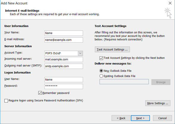 Imposta l'account e-mail ALICE.IT sul tuo Outlook 2013 Manuale Passaggio 4
