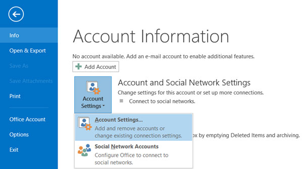 Configura l'account di posta FASTWEBNET.IT sul tuo Outlook 2016 Step 1