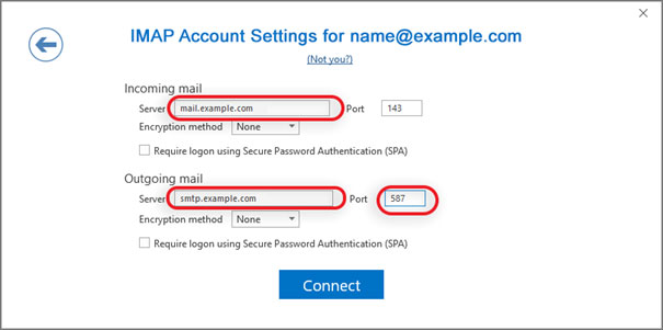 Configura l'account di posta FASTWEBNET.IT sul tuo Outlook 2016 Manuale Passaggio 4 - Metodo 2