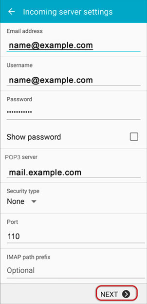 Configura l'account di posta FASTWEBNET.IT sul tuo telefono Android Passaggio 3