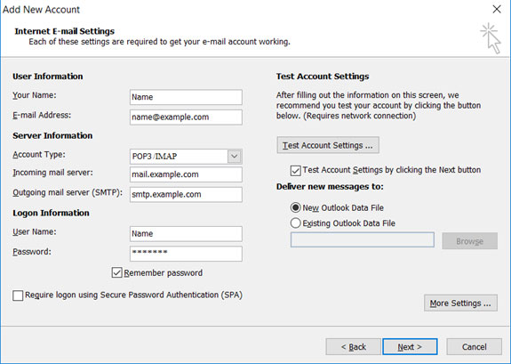 Imposta l'account di posta elettronica VIRGILIO.IT sul tuo Outlook 2010 Manuale Passaggio 5
