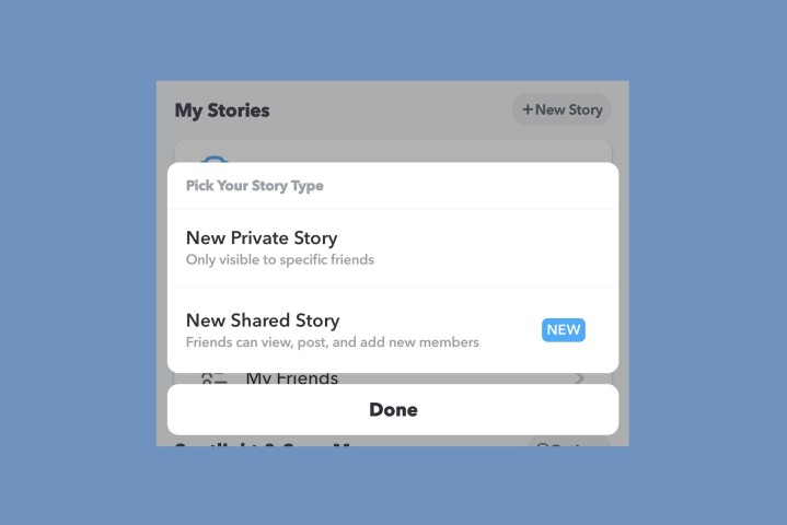 L'opzione di menu Nuova storia privata su Snapchat.