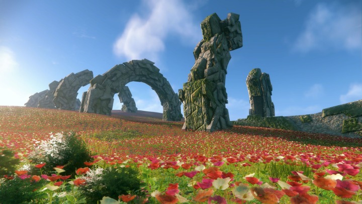 Il paesaggio di Sonic Frontiers è pieno di rovine e fiori.