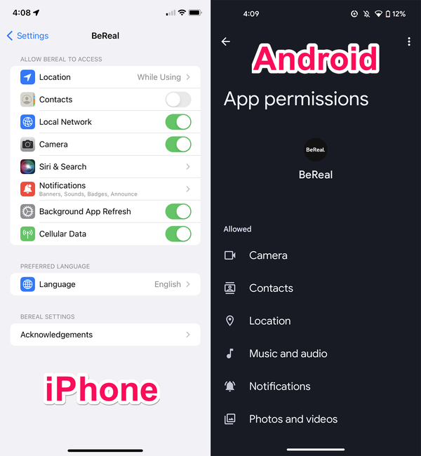 Le pagine su iPhone e Android che ti consentono di scegliere quanto accesso ha BeReal al tuo telefono.