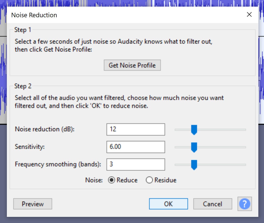 Il menu Riduzione del rumore in Audacity.