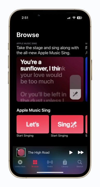 La sezione Sfoglia di Apple Music che mostra i brani compatibili con Sing.