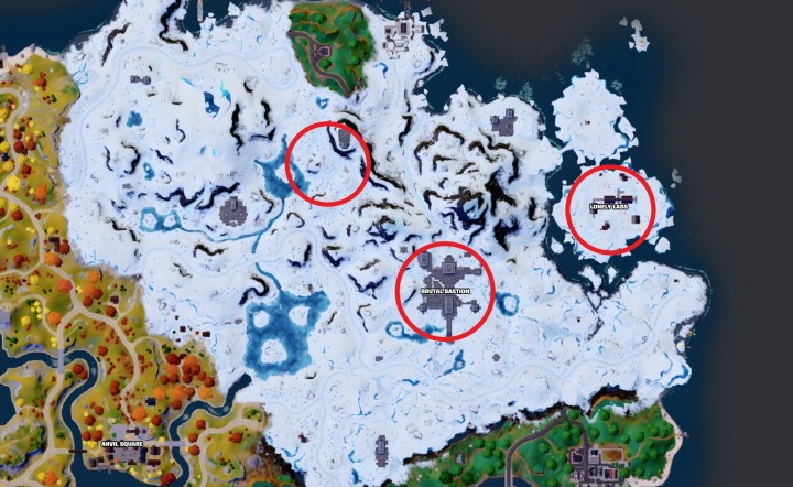 Mappa per la ricerca di palle di neve giganti in Fortnite.