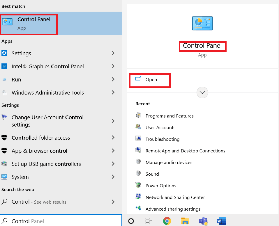 Apri il Pannello di controllo digitando nella barra di ricerca di Windows.