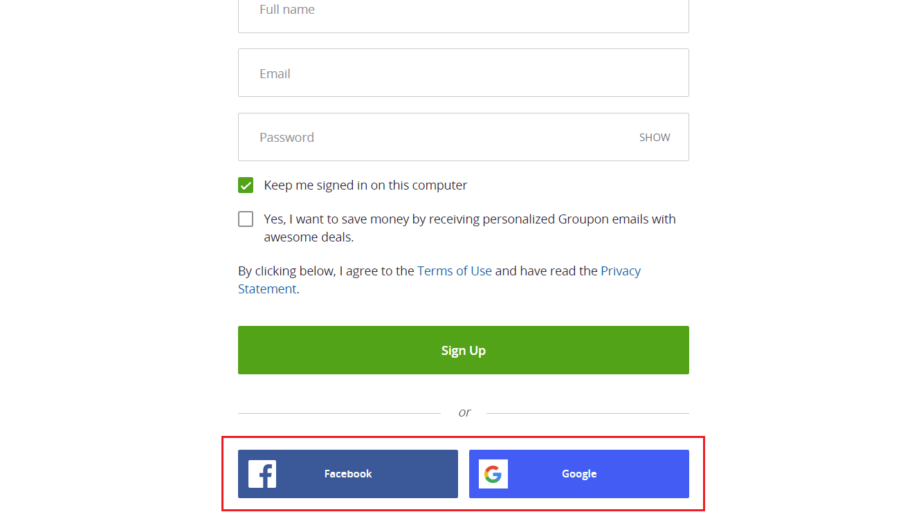 Scheda di collegamento Facebook o Google per registrarsi con quell'account specifico