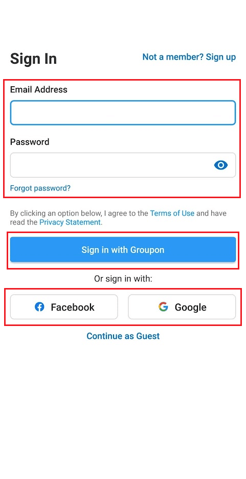 inserisci il tuo indirizzo e-mail e la password e tocca Accedi con Groupon OPPURE accedi con Facebook o Google