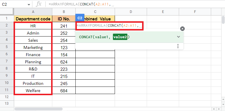 Per inserire valore1 selezionare la colonna Codice reparto e aggiungere una virgola per passare al valore successivo