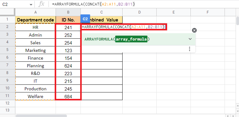 Per value2 selezionare la colonna ID No. e chiudere la parentesi per completare la formula