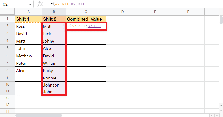 Aggiungi un punto e virgola e seleziona la seconda colonna che è Shift 2. Come combinare due colonne in Fogli Google