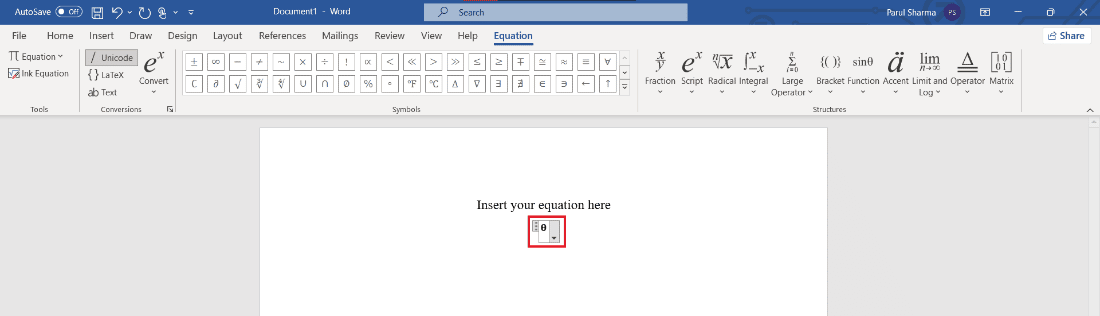 premere la barra spaziatrice per convertire l'equazione | scorciatoie dell'editor di equazioni Microsoft