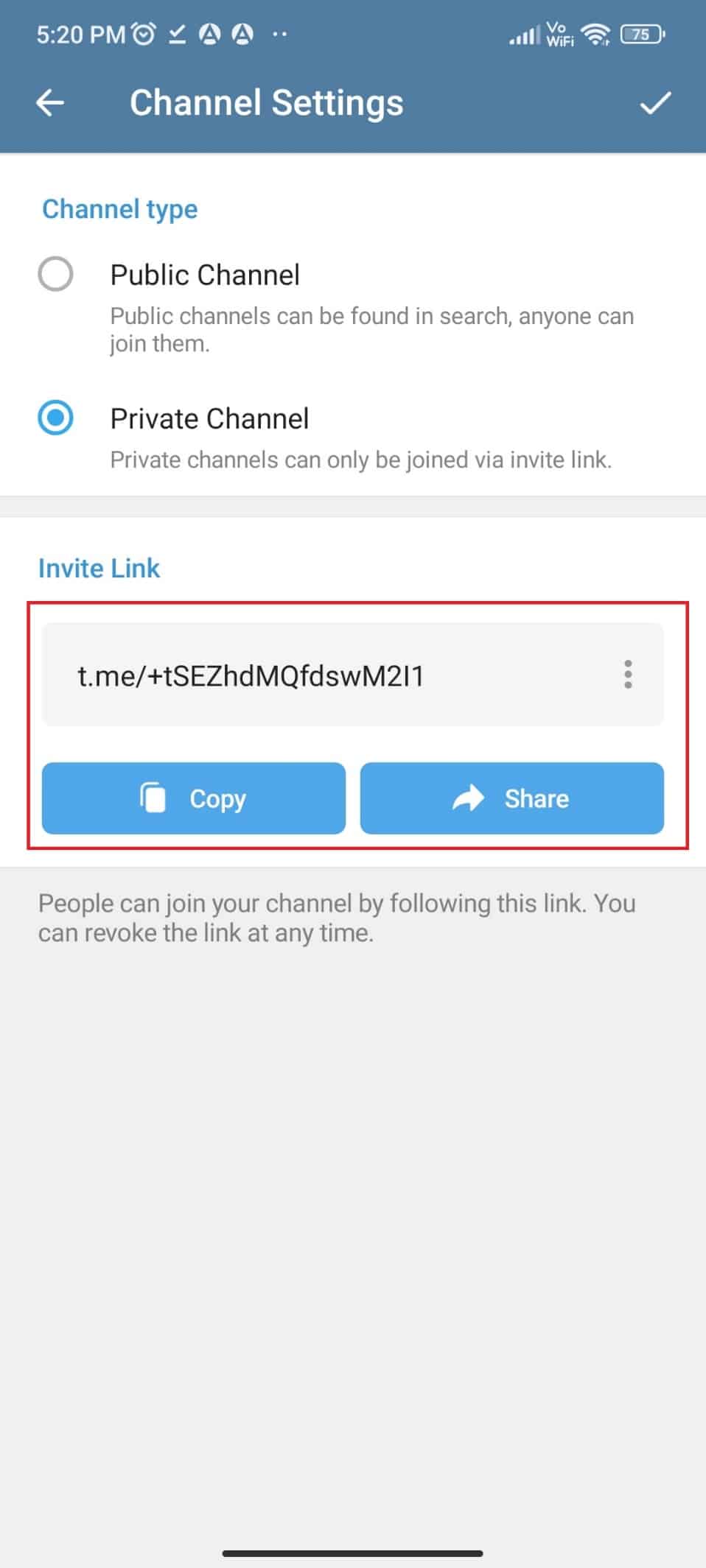 Copia o condividi il link fornito per invitare gli utenti di Telegram a unirsi al canale