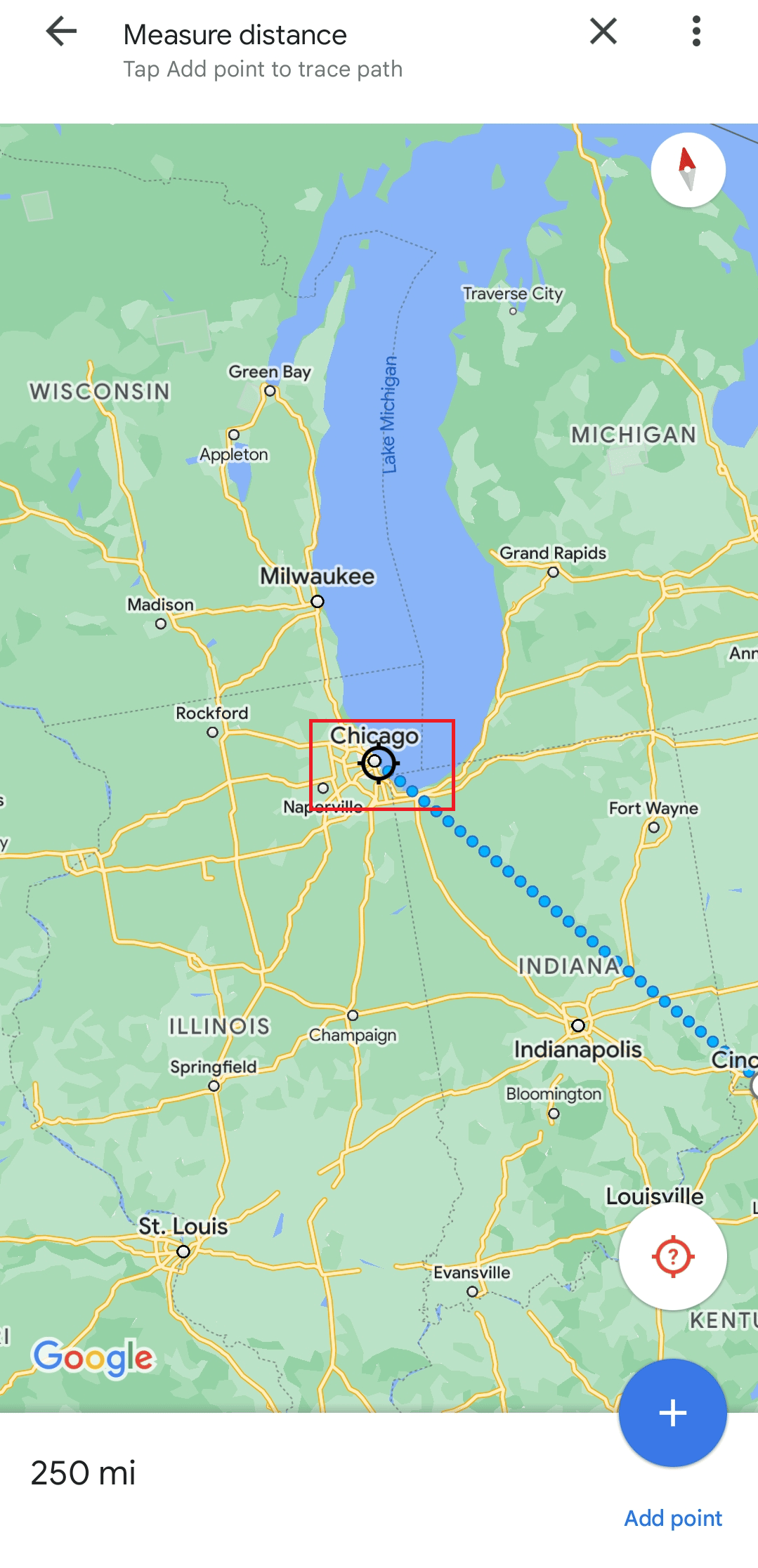 Sulla mappa, trova Chicago per misurare la distanza | punto a metà strada tra le città