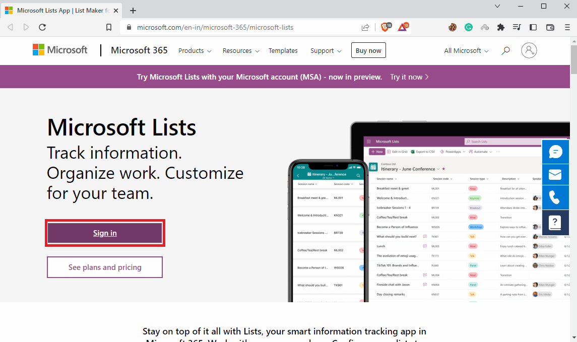 visita la pagina ufficiale degli elenchi Microsoft e fai clic su Accedi