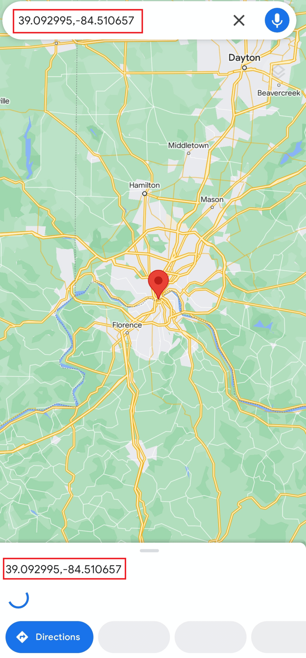 Trova Cincinnati e premi a lungo la posizione sullo schermo del tuo cellulare per ottenere le coordinate (39.09299,-84.51065) | a metà strada tra due posti