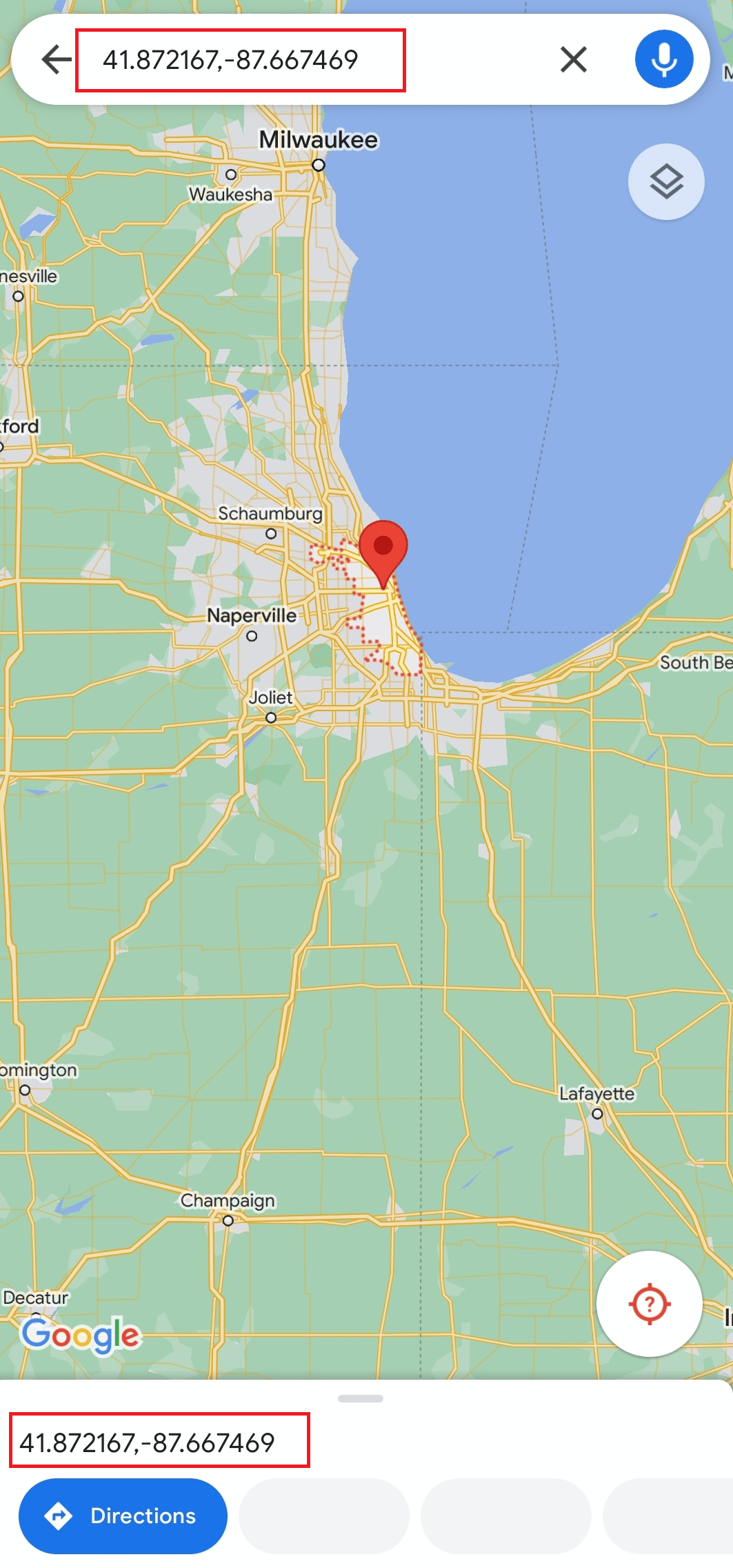 Trova Chicago e premi a lungo la posizione sullo schermo del tuo cellulare per ottenere le coordinate (41.87216, - 87.66746)