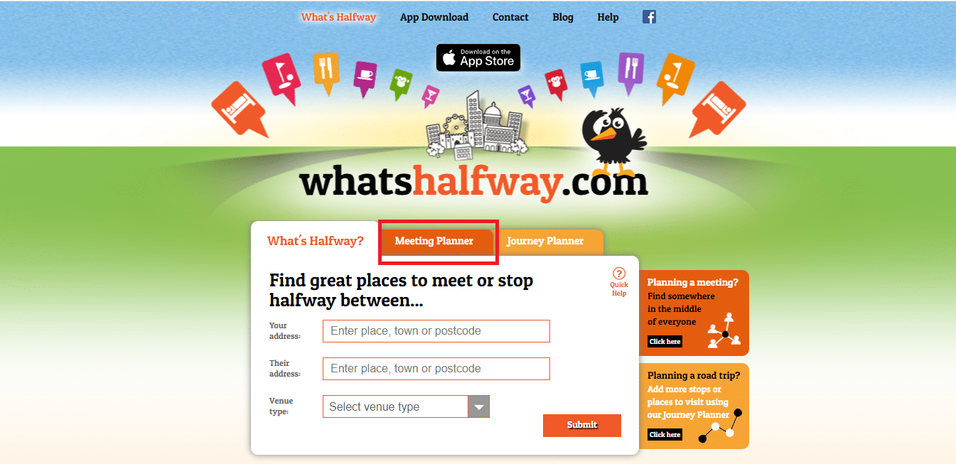 Fare clic sull'opzione Meeting Planner sul sito Web ufficiale di Whatshalfway.com | punto a metà strada tra le città