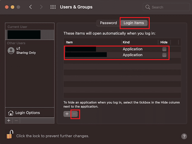 scegli il tuo nome utente e vai alla scheda Elementi di accesso - elemento di avvio desiderato - icona meno (-) | Come risolvere l'errore del Kernel Panic Mac