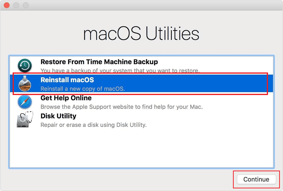 Dalla finestra Utilità macOS, fai clic su Reinstalla macOS - Continua