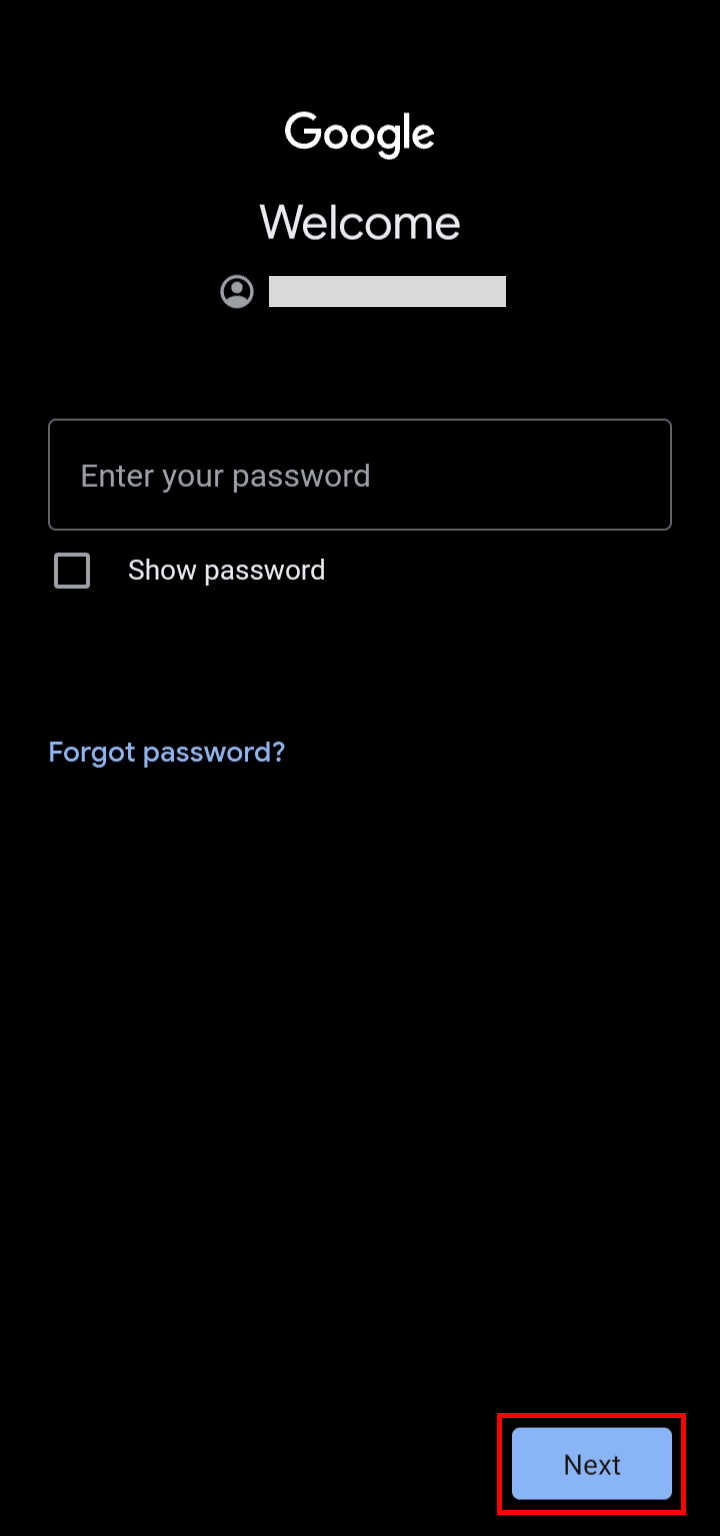 Inserisci la tua password e tocca il pulsante Avanti per accedere al tuo account Google. | disattivare Google Chat