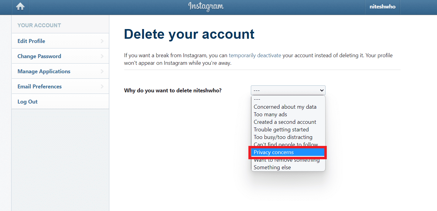 selezionare il motivo desiderato per cui si desidera eliminare l'account | riattivare il mio account Instagram prima di 7 giorni