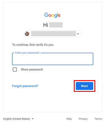 Inserisci la tua password di Google e fai clic sul pulsante Avanti per verificare.