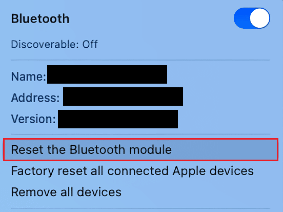 fare clic sull'opzione Ripristina il modulo Bluetooth