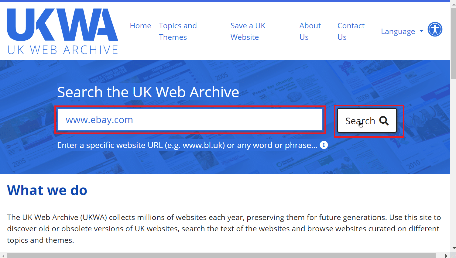 cerca nell'archivio web del Regno Unito sulla barra di ricerca e fai clic su cerca