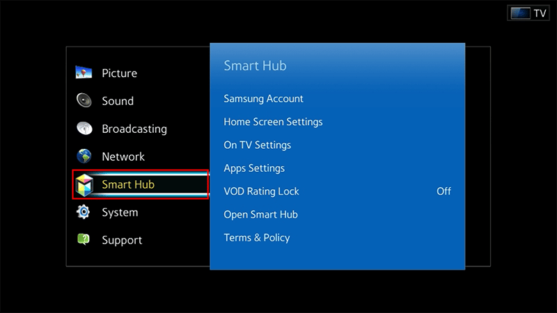 Opzioni Smart Hub TV Samsung