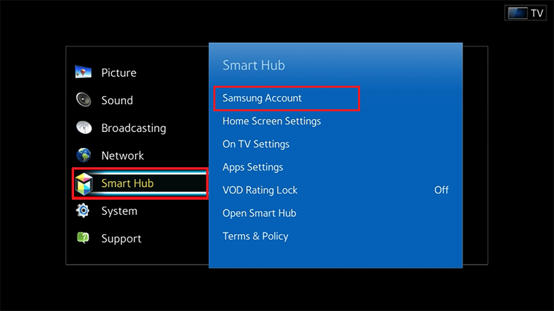 Opzioni smart hub Account Samsung Smart TV | accedi all'account Samsung sulla TV