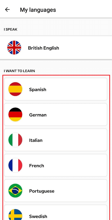 Toccare Scegli una lingua per selezionare la lingua desiderata che si desidera imparare su questa app | come funziona l'app in lingua babbel