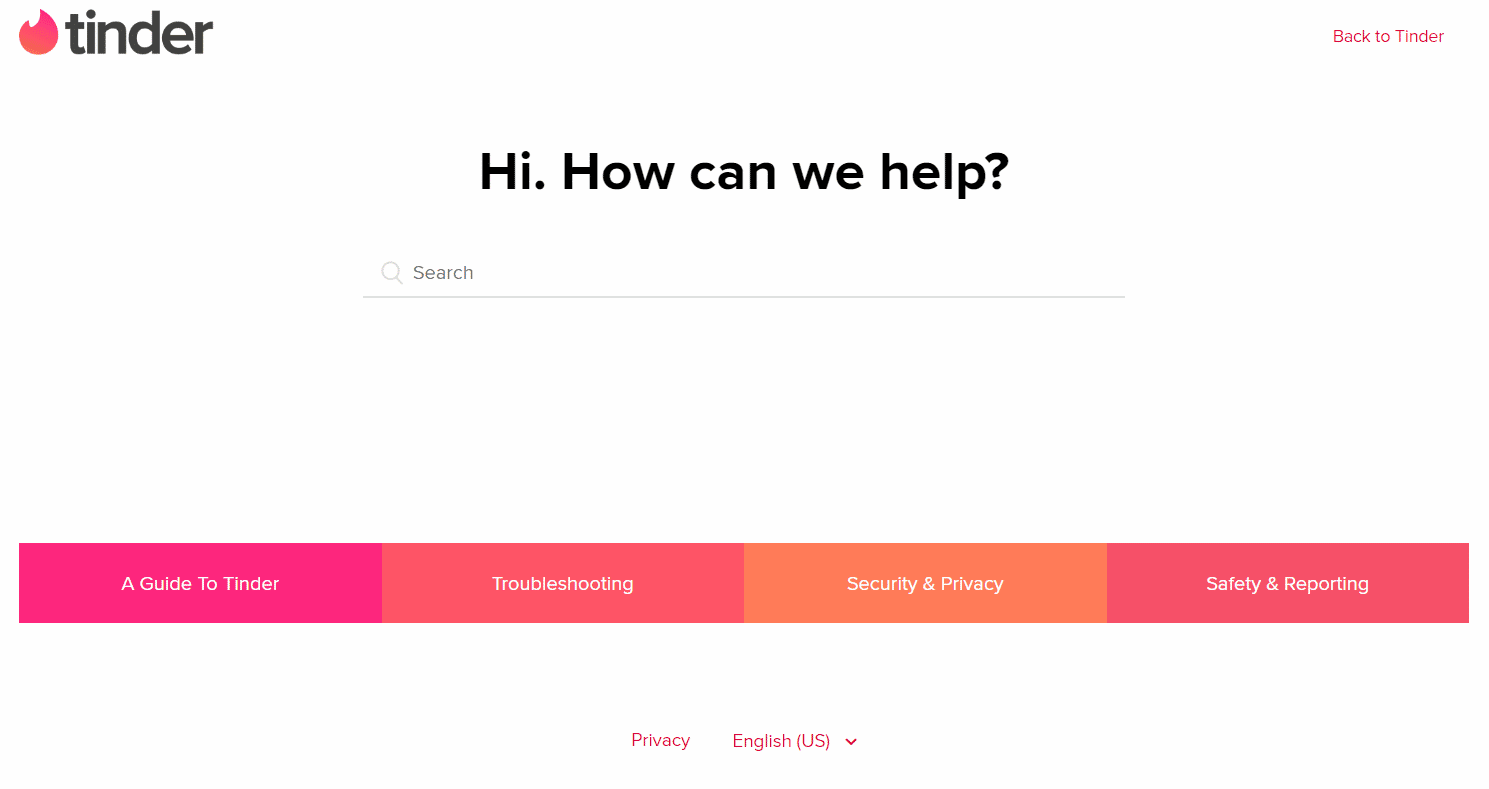 Pagina dell'assistenza clienti di Tinder |