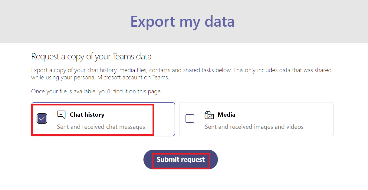 seleziona Cronologia chat nella pagina Esporta i miei dati e fai clic sul pulsante Invia richiesta