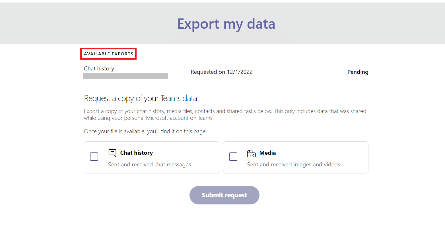 in Esportazioni disponibili, controlla lo stato della tua pagina di esportazione. Come esportare la conversazione di MS Teams